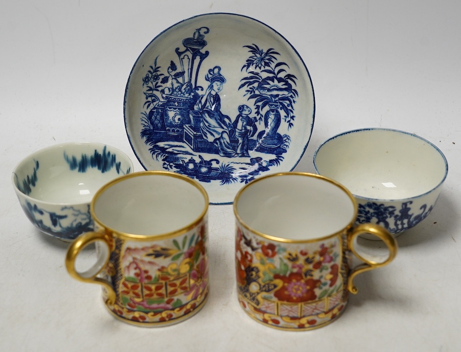 A pair of Barr Flight & Barr coffee cans and a group of Worcester to include a blue and white tea bowl and saucer and another teabowl. Condition - good